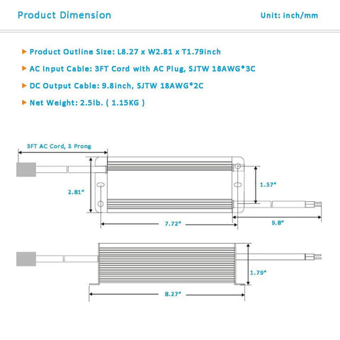 Product dimensions of Beefy 12V 100W LED Driver Power Supply For LED Strips And Lighting, IP67 Waterproof, with measurement details.