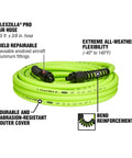 Pro Grade Air Hose 3/8 In X 35 Ft Hybrid Polymer coiled with labels indicating features like aluminum fittings and flexibility.