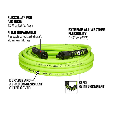 Pro Grade Air Hose 3/8 In X 35 Ft Hybrid Polymer coiled with labels indicating features like aluminum fittings and flexibility.