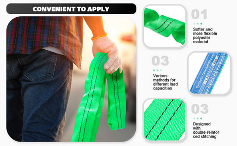 Person holding 2 Inch By 5 Foot Polyester Lifting Slings 2 Pack Beefy Heavy Duty Web Slings With 4400 Lbs Vertical Load