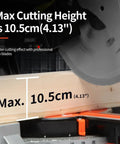 12 Inch Sliding Compound Dual Bevel Miter Saw cutting wood with max height of 10.5cm, includes laser guide and LED light.