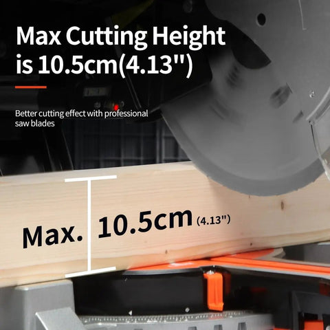 12 Inch Sliding Compound Dual Bevel Miter Saw cutting wood with max height of 10.5cm, includes laser guide and LED light.