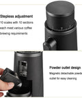 Hella Sharp 48Mm Conical Burr Electric Coffee Grinder With Stepless Knobs showing stepless adjustment and magnetic powder outlet design.