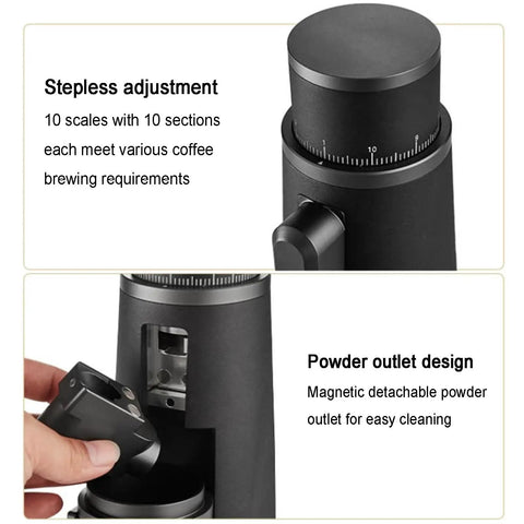 Fire Electric Coffee Grinder With Hella Precise Stepless Adjustment showing stepless adjustment dial and magnetic powder outlet design.
