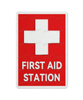 Emergency Medical Facility Sign 8x12 Aluminum Indoor Outdoor Safety Plaque showing 'First Aid Station' message in bold.