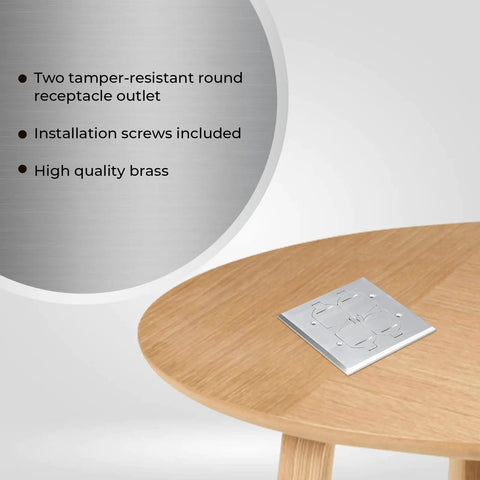 20A Receptacle Floor Box With Flip Lid on wooden table, nickel plated brass cover, retractable recessed socket