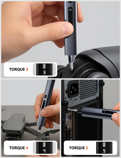 80-In-1 Mini Electric Precision Cordless Screwdriver with 5 torque levels shown being used on electronics