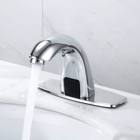 Touchless Sensor Bathroom Sink Faucet With Hole Cover Plate, Brass Automatic Tap, large elbow chrome nickel finish in use