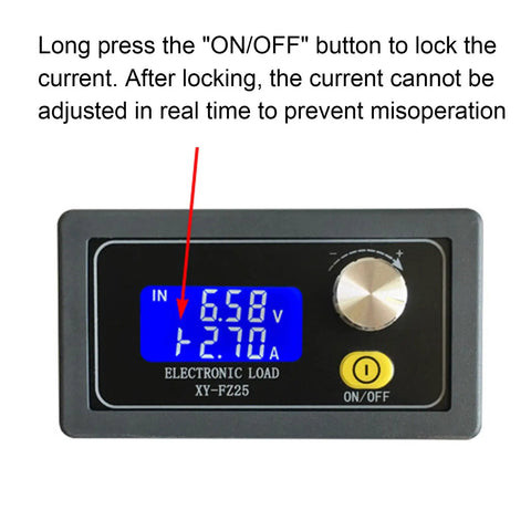 Discharge Capacity Tester For Lithium Ion Batteries, 25W Adjustable Load Module, 5 To 30V Constant Current, Real Time Voltage Current And Power Readouts With Ah And Discharge Time Logging, Ideal For RC LiPo And Power Bank Analysis, front view with lock button