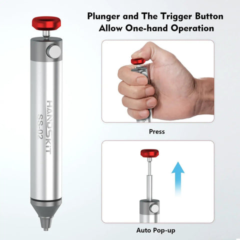 Desoldering Solder Sucker Pump No Clog Vacuum Tool for electronics with one-hand operation and heat resistant desolder wick nozzle.