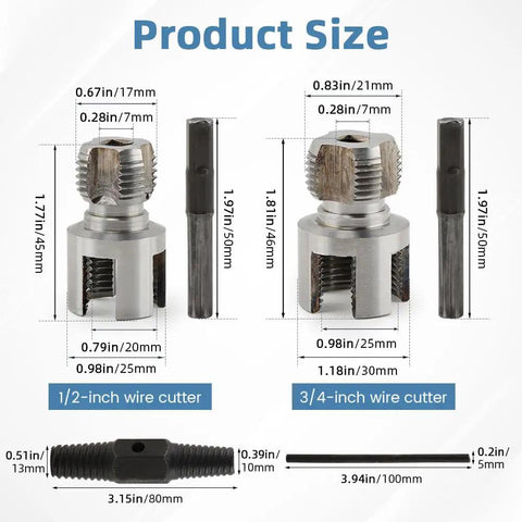 Product size dimensions for 3 In 1 Pipe Threader Kit With Internal And External Threading Screw Extractor And Sealant Tape For One Half Inch And Three Quarter Inch PVC Pipes Electric Drill Compatible Plumbing DIY Tool For Home Improvement.