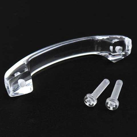 2 Pack Transparent Acrylic Drawer Knob Pull Handles With Glass Look Finish, clear arch handle and screws displayed on a dark background