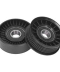 Ultimate 2 Piece Drive Belt Idler Pulley Set For Your Ride featuring durable black rubber pulleys for smooth alternator operation.