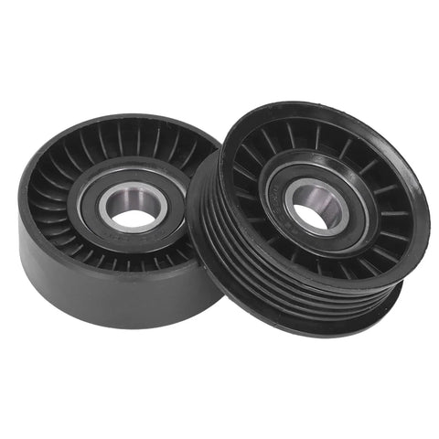 Ultimate 2 Piece Drive Belt Idler Pulley Set For Your Ride featuring durable black rubber pulleys for smooth alternator operation.