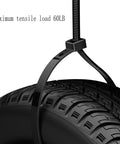 Heavy Duty 12 Inch Black Cable Ties Pack Of 100 For Outdoor Use With 60 Pound Tensile Strength Self Locking Fasteners holding tire