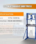 Bad Ass 12 Ton H Frame Hydraulic Shop Press For Auto Mechanics And Bearing Pullers with specs visible, blue steel frame.
