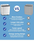 Comparative features of Compact Portable Twin Tub Washing Machine Including Free Clothes Drying Rack And Hangers with check marks.