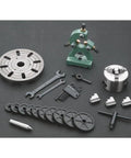 Assorted accessories for 7X12 Inch Mini Metal Lathe Benchtop Precision Machining Tool including gears and wrenches.