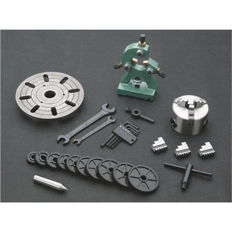 Assorted accessories for 7X12 Inch Mini Metal Lathe Benchtop Precision Machining Tool including gears and wrenches.