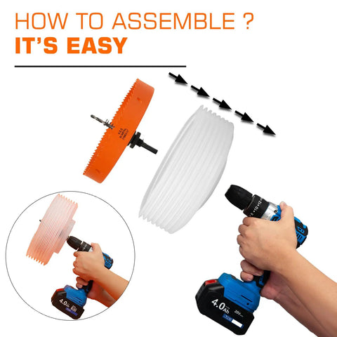 Assembly instructions with images for 8.25 Inch Hole Saw Kit For Recessed Lights With Dust Bowl Catcher and drill