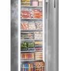 Heavy Duty Stand Alone Upright Freezer Featuring Bulletproof Insulation And Rock Solid Cooling For Garages Basements And Commercial Kitchens Built Tough To Keep Your Frozen Goods Frosty Year Round with various frozen foods shown inside, ice cream in front.
