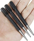 Sick 3 Piece Center Punch Kit Forged From High Carbon Steel With A Hella Secure Non Slip Grip, 1.5mm, 2mm, 3mm tips shown in hand.