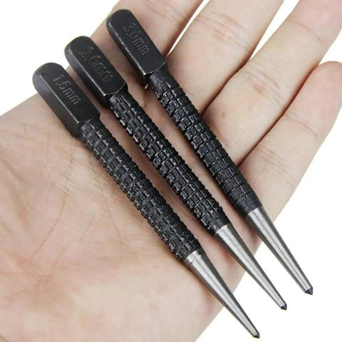 Sick 3 Piece Center Punch Kit Forged From High Carbon Steel With A Hella Secure Non Slip Grip, 1.5mm, 2mm, 3mm tips shown in hand.