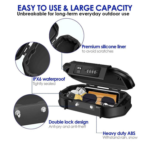 Open Waterproof 4 Digit Lock Box With Removable Cable Portable Anti Theft Safe showing interior with items and IPX6 waterproof label