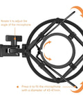Pro Condenser Mic Shock Mount For 43mm To 47mm Mics showing adjustable angle and fit instructions, black metal frame
