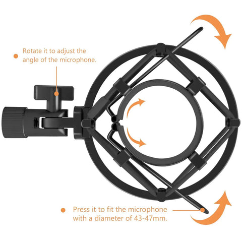 Pro Condenser Mic Shock Mount For 43mm To 47mm Mics showing adjustable angle and fit instructions, black metal frame