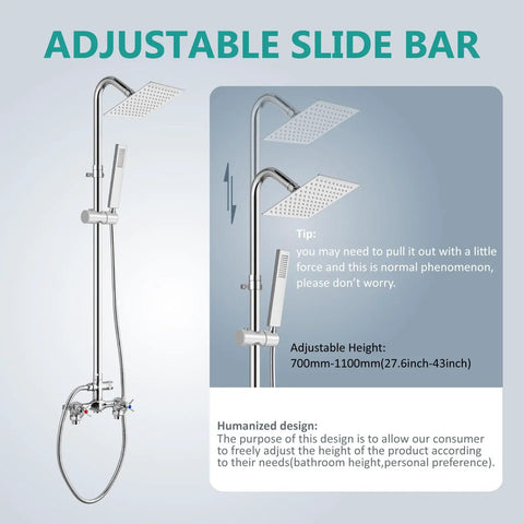 Wall Mount Outdoor Shower Kit With Handheld Spray, Double Handle Exposed Shower Valve, adjustable slide bar, polished chrome
