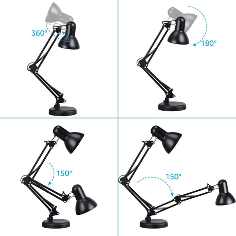 Black Metal Desk Lamp With Clamp And Swing Arm, Architect Styled Gooseneck Task Light showcasing multi-joint movement angles