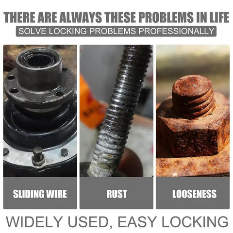 Image showing metal fasteners with issues: sliding wire, rust, and looseness, highlighting the need for heavy duty thread locker adhesive.