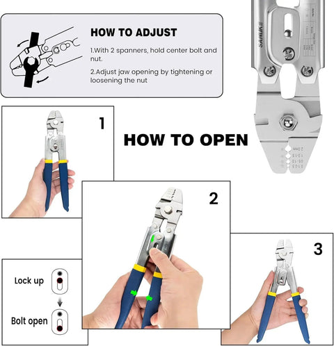 Heavy Duty Wire Rope Crimping Tool Kit With 2.0Mm Cap Crimper And 140 Pcs Aluminum Ferrule Loop Sleeves Plus 10 Pcs Stainless Steel Thimble Assortment In Four Size Crimping Settings with adjustment instructions