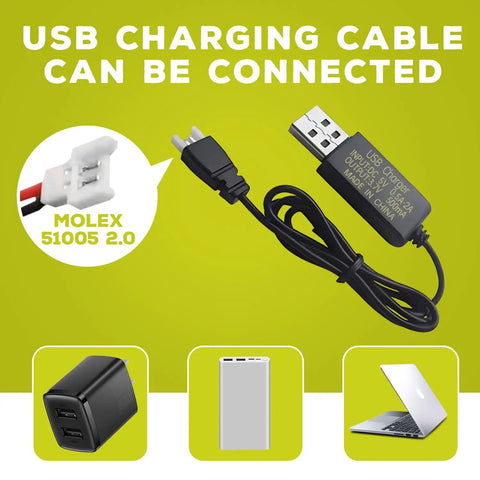 USB charging cable with Molex plug for 2 Pack 3.7V 420mAh 25C LiPo Battery, compatible with laptops and adapters