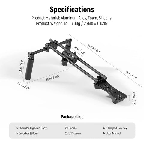 On The Go Shoulder Rig Kit With 16 Inch 15mm Rod System showing dimensions and components