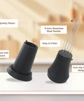 Espresso Distribution Tool With 0.4mm 10 Needle Stirrer, black, showing stainless steel needles and ergonomic design on stand.