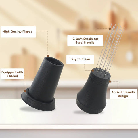 Espresso Distribution Tool With 0.4mm 10 Needle Stirrer, black, showing stainless steel needles and ergonomic design on stand.