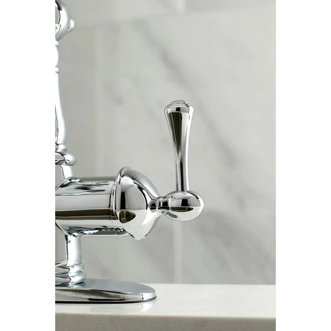 Close-up of Old School Vintage Style Single Handle Lavatory Faucet with Push Pop Up Drain Plate Polished Chrome Solid Brass Construction