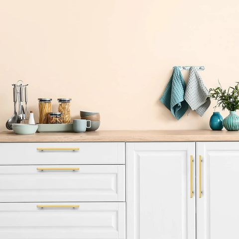 Modern kitchen countertop with Square Brushed Gold Cabinet Pulls 8 Inch Rock Solid Stainless Steel Drawer Knobs.