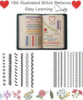 DIY Embroidery Stitch Book Kit With 106 Illustrated Stitches open to colorful examples and floral designs