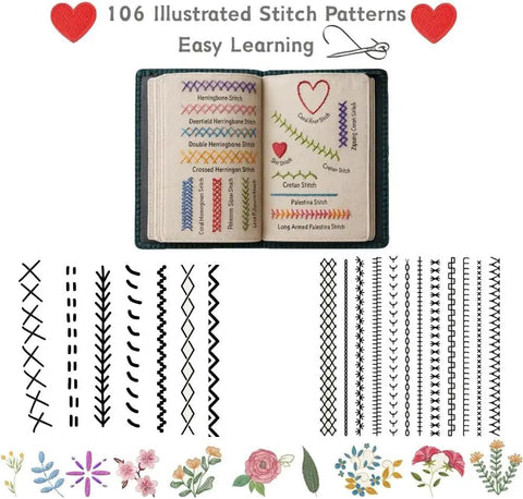 DIY Embroidery Stitch Book Kit With 106 Illustrated Stitches open to colorful examples and floral designs