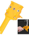 Pro Grade Dowel Jig For Woodworking With 6mm 8mm 10mm Drill Bit Guide And 0-50mm Scale showing yellow handheld tool and drill