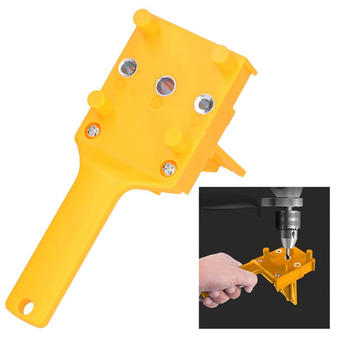 Pro Grade Dowel Jig For Woodworking With 6mm 8mm 10mm Drill Bit Guide And 0-50mm Scale showing yellow handheld tool and drill
