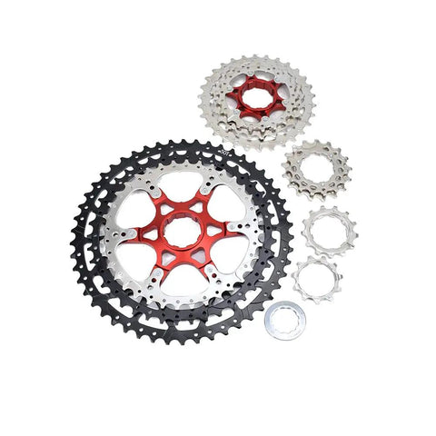 Ten Speed MTB Groupset Kit With Eleven To Fifty Teeth Cassette Ten Speed Chain One By Ten Speed Rear Derailleur And Shifter Includes One Hundred Sixteen Links And Five Hundred Forty One Grams Built For Rugged Trails And Smooth Shifting, showing cassette components