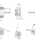 Technical diagram of 1/2 Inch Stainless Steel Water Flow Sensor Flowmeter with Turbine Design, various views and measurements.