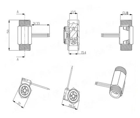 Technical diagram of 1/2 Inch Stainless Steel Water Flow Sensor Flowmeter with Turbine Design, various views and measurements.