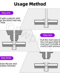 Diagram showing the usage method for 130Pcs 7 Sizes Black Large Flange Aluminum Blind Rivets Kit For Metal, Furniture And Automotive Projects.