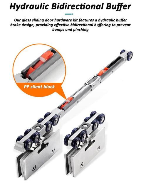 Frameless Glass Sliding Door Track Hardware Kit With Silent Rollers, hydraulic buffer, aluminum track, and PP silent block