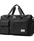 Black sports duffel bag with shoe compartment and wet dry pocket, versatile weekender gym bag for men and women, sturdy travel tote.